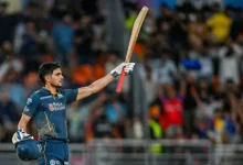 Shubman Gill celebrating his fifth IPL century during the GT vs RCB IPL 2026 final qualification match.