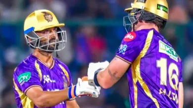 Finn Allen celebrates unbeaten century during KKR vs DC IPL 2026 match at Arun Jaitley Stadium
