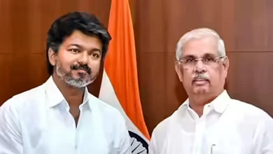Joseph Vijay meeting the Governor of Tamil Nadu to stake claim for government formation with 120 MLAs.