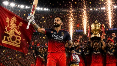 Virat Kohli celebrating his record-breaking fastest fifty during the high-stakes IPL 2026 final in Ahmedabad.