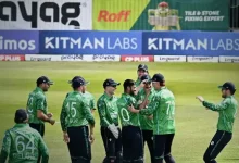Ireland players celebrate after defeating India in the Ireland vs India 1st T20I in Belfast.