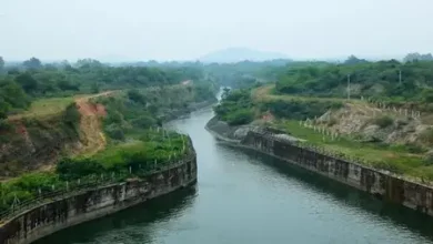 Water flowing through the Telugu Ganga canal gates at Zero Point in Uthukottai toward Chennai reservoirs.