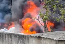 Firefighters respond to the Vizag Pharma City Fire Accident at Dakshin Energy in Parawada.