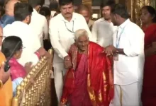 116-year-old devotee Navaneethamma receives VIP darshan at Tirumala after trekking Alipiri footpath.