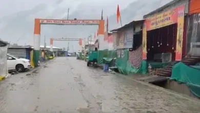 Pilgrims at the Amarnath base camp after the Amarnath Yatra suspended for fourth consecutive day due to heavy rainfall and IMD weather alert.