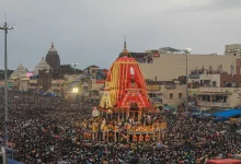 Jagannath Rath Yatra 2026 procession in Puri with lakhs of devotees pulling the chariots of Lord Jagannath.