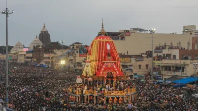 Jagannath Rath Yatra 2026 procession in Puri with lakhs of devotees pulling the chariots of Lord Jagannath.
