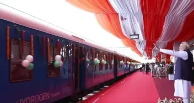 PM Modi flags off India's first hydrogen train during the launch in Jind, Haryana
