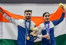 Asian Games 2026 shooting gold winners Suruchi Singh and Kamaljeet with NRAI chief Kalikesh Singh