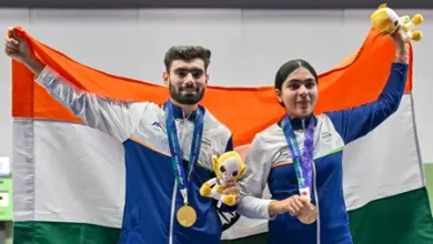 Asian Games 2026 shooting gold winners Suruchi Singh and Kamaljeet with NRAI chief Kalikesh Singh