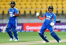 Abhishek Sharma celebrates his 113-run century in India vs New Zealand third T20I match.