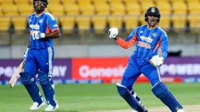 Abhishek Sharma celebrates his 113-run century in India vs New Zealand third T20I match.