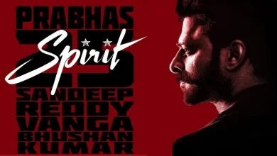 - Prabhas Spirit release date poster showing the actor in black attire and sunglasses ahead of the Diwali 2027 release.