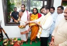 Telangana CM Revanth Reddy performing Ayudha Puja during Vijayadashami celebrations.