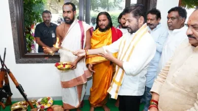 Telangana CM Revanth Reddy performing Ayudha Puja during Vijayadashami celebrations.